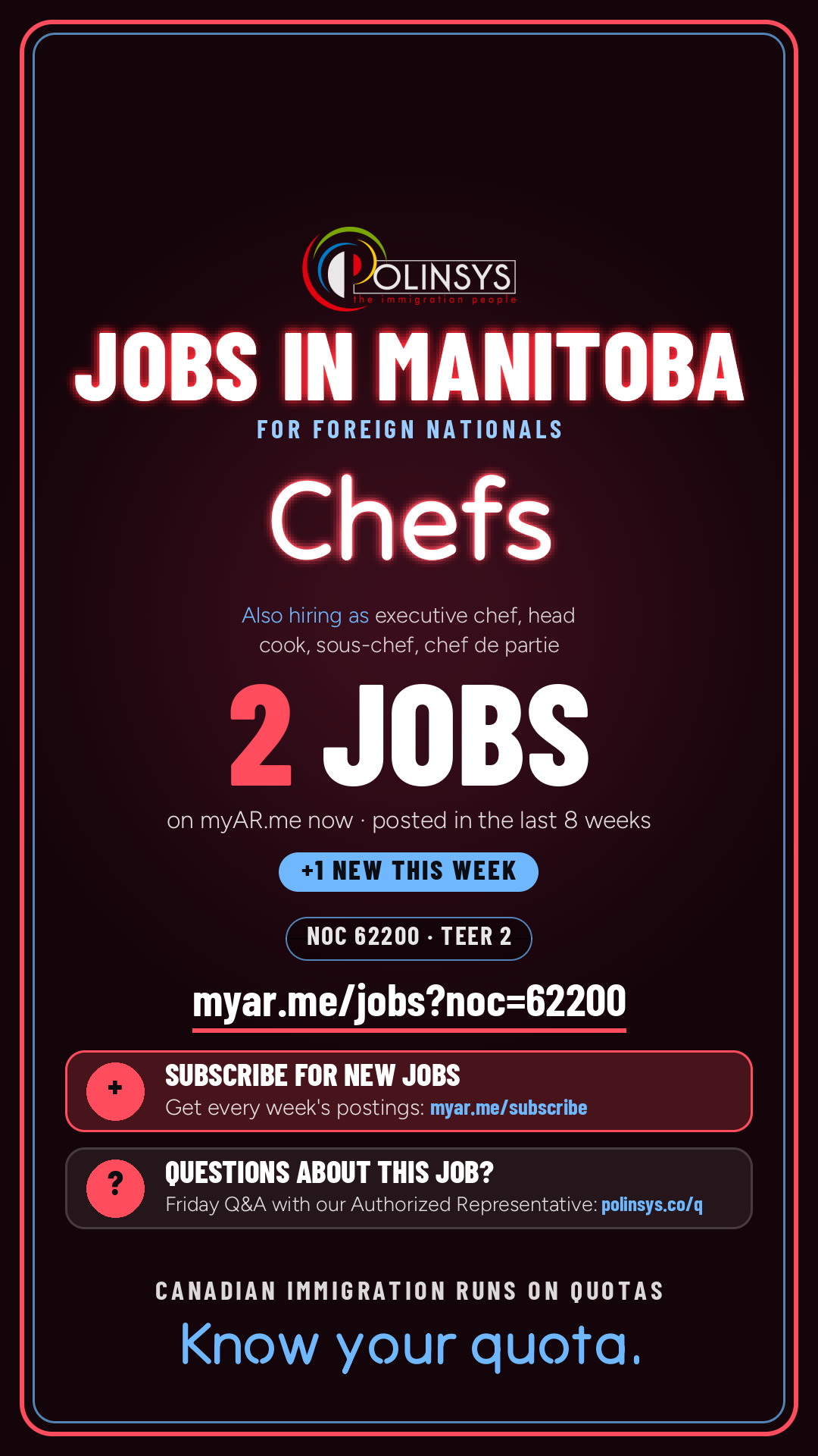 Job card: Chefs (NOC 62200) — 2 jobs on myAR.me